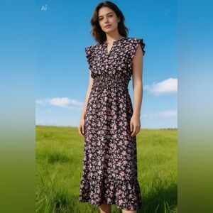 Charlotte Russe Black & Pink Floral Maxi Dress M Smocked Boho Sundress